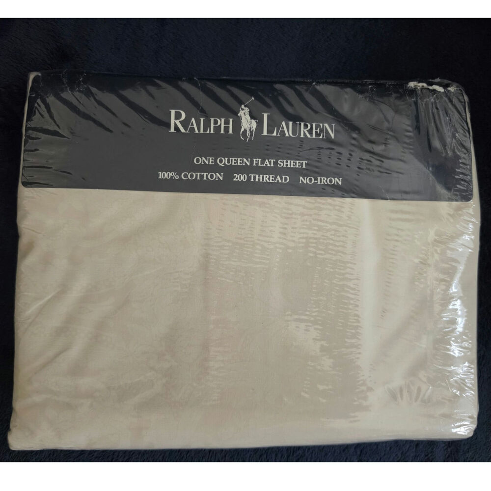 NOS Vintage Ralph Lauren Avery Cream Queen Flat Sheet 100% Cotton Blue Label USA